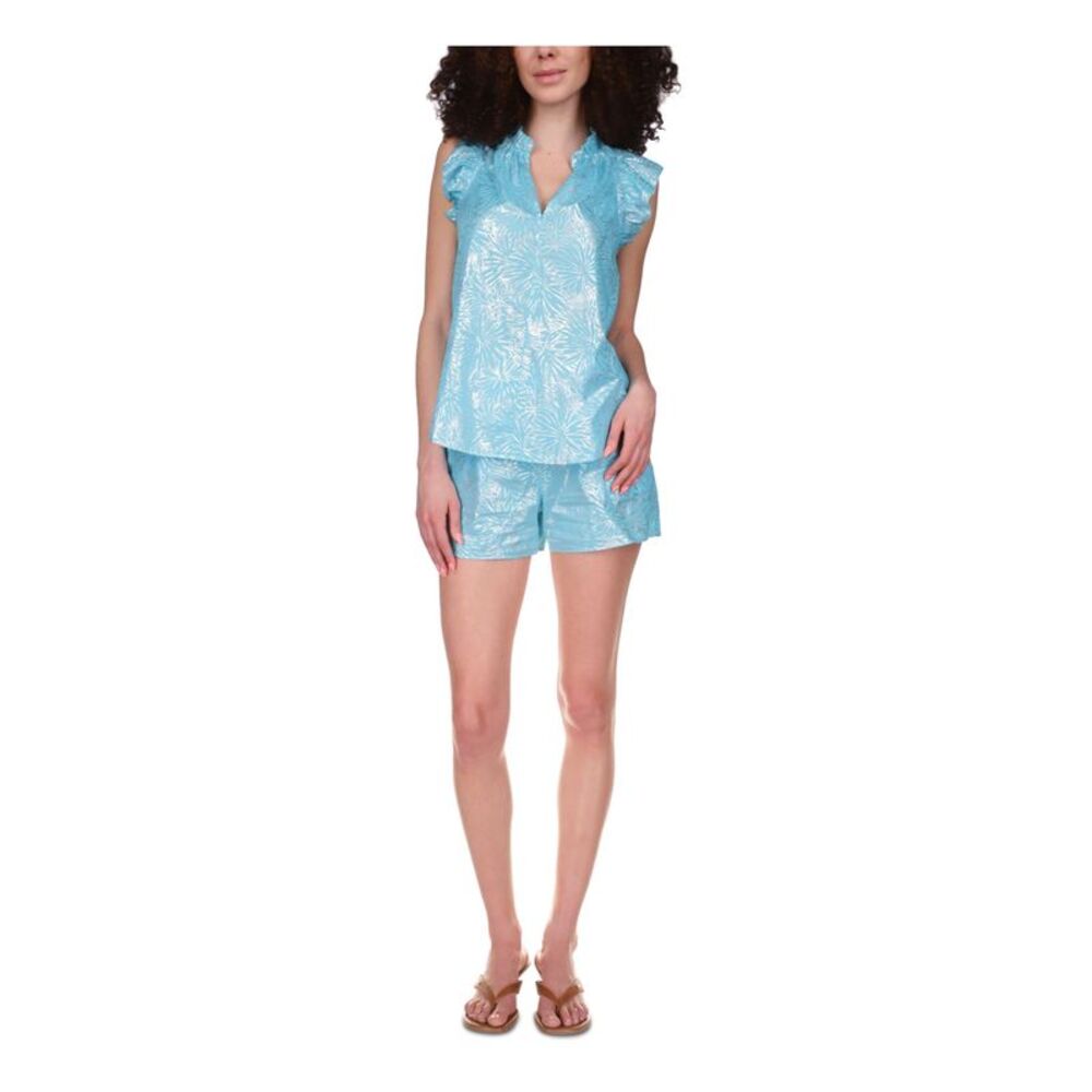 MICHAEL MICHAEL KORS Womens Turquoise Ruffled Flutter Sleeve Split Top XL